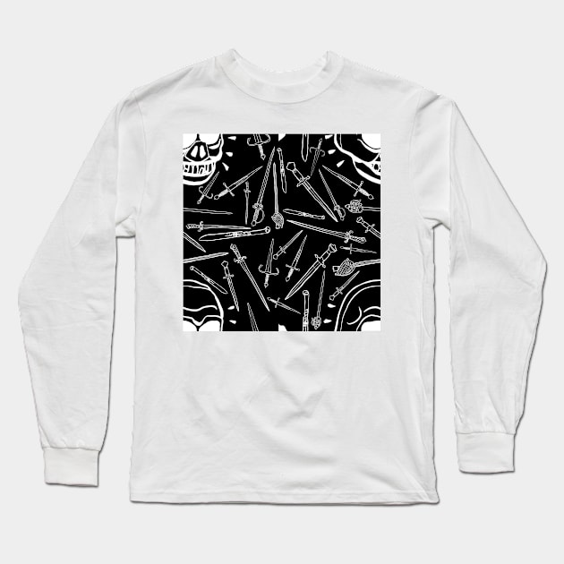 Skulls and Daggers - white and black Long Sleeve T-Shirt by DinoCatDraws